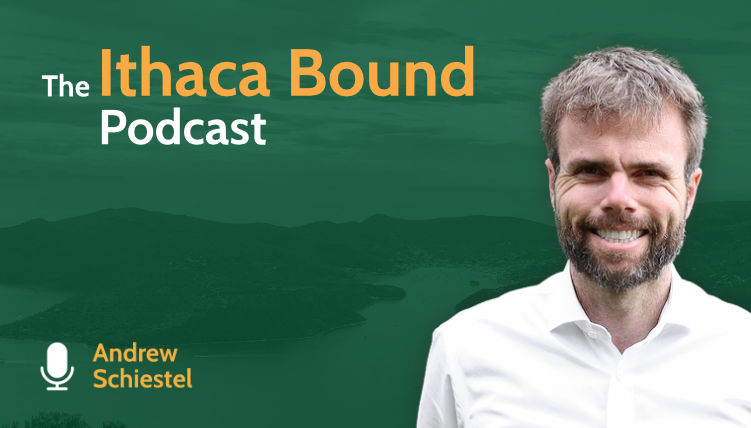 Cover photo for the Ithaca Bound podcast including a picture of Andrew Schiestel and the Island of Ithaca in the background.