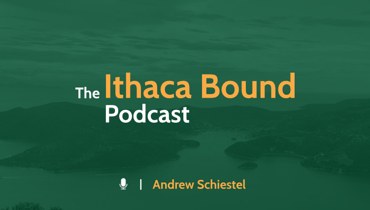 Text listed of the podcast title The Ithaca Bound Podcast; Andrew Schiestel listed as the host; the Island of Ithaca in the background